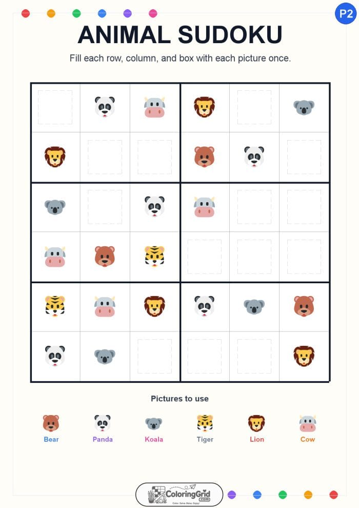 Animal Sudoku 6x6 Puzzle 002