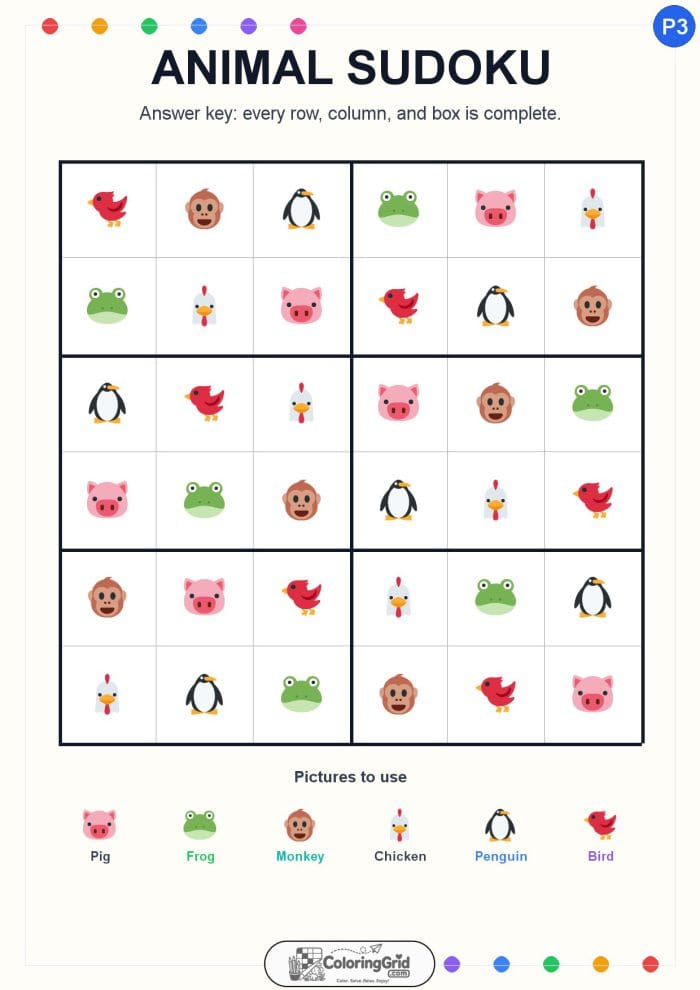 Animal Sudoku 6x6 Puzzle 003 - ANSWER