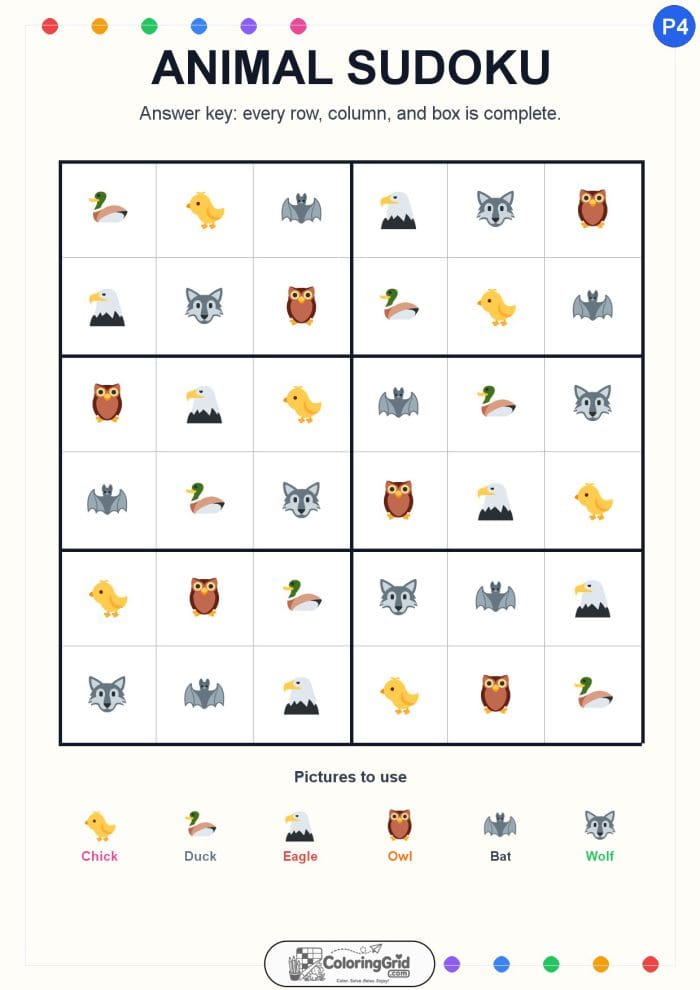 Animal Sudoku 6x6 Puzzle 004 - ANSWER