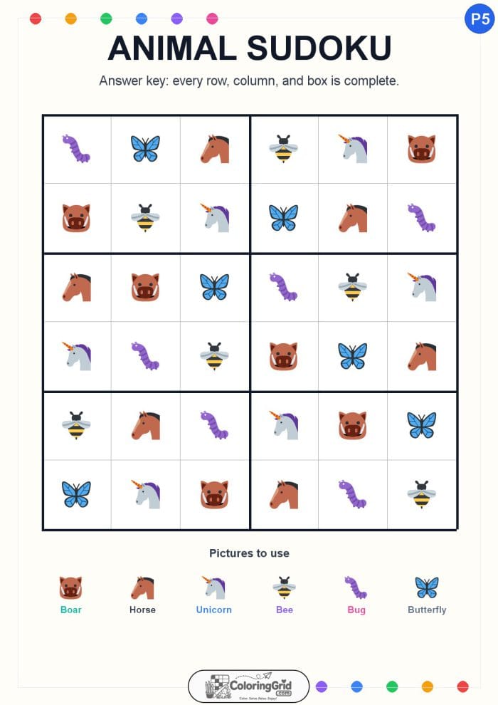 Animal Sudoku 6x6 Puzzle 005 - ANSWER