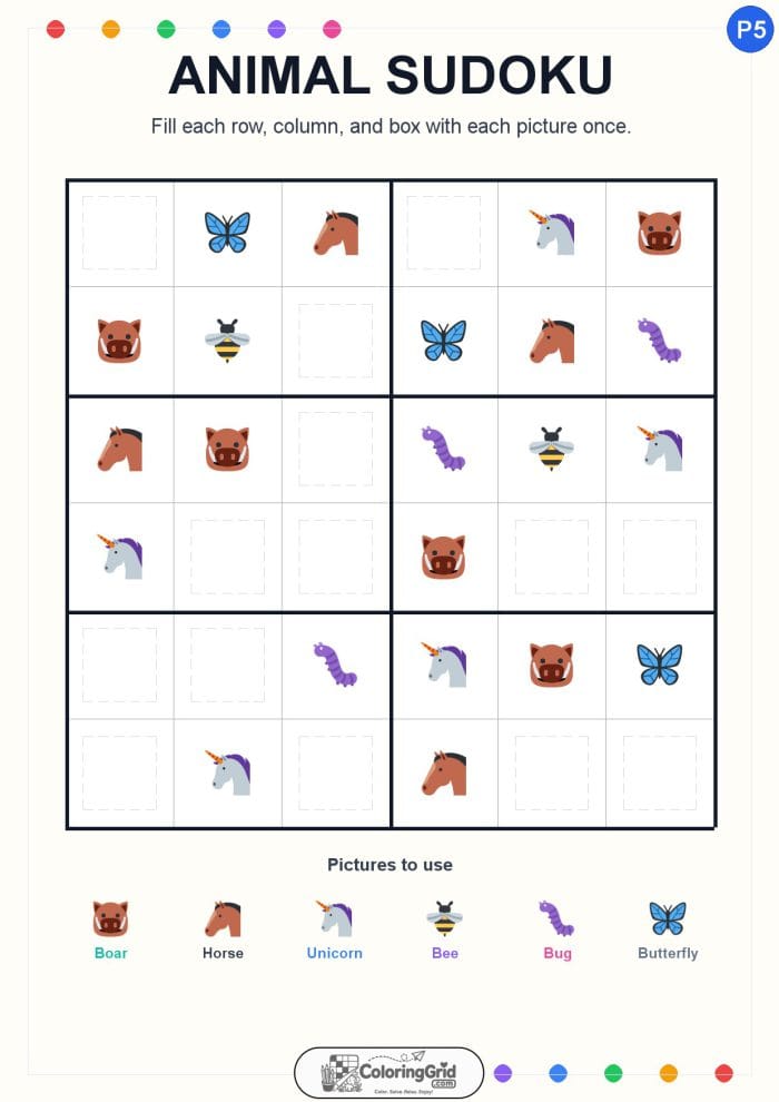 Animal Sudoku 6x6 Puzzle 005