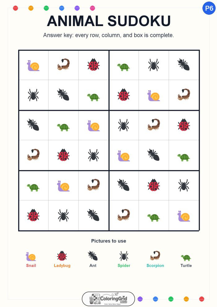 Animal Sudoku 6x6 Puzzle 006 - ANSWER