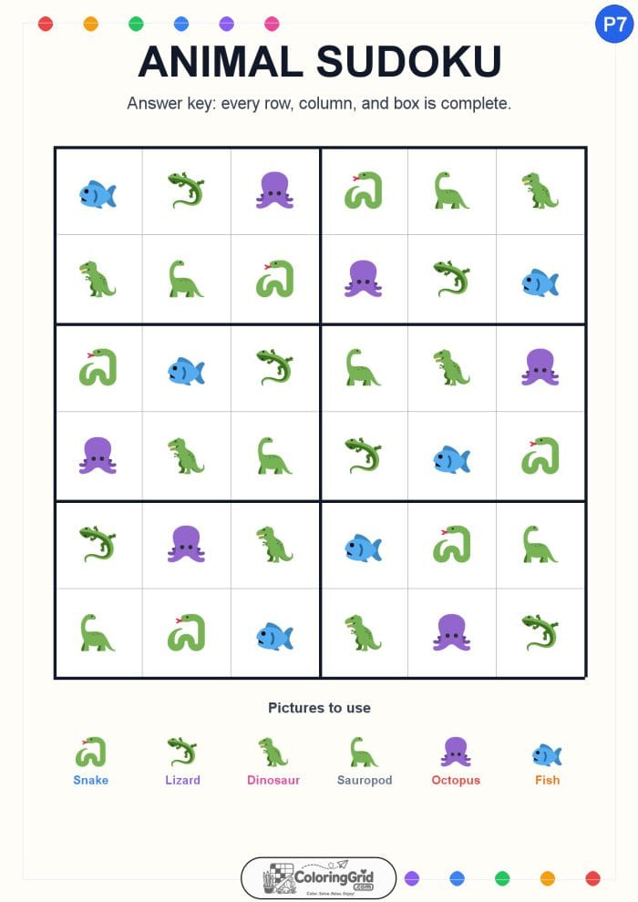 Animal Sudoku 6x6 Puzzle 007 - ANSWER