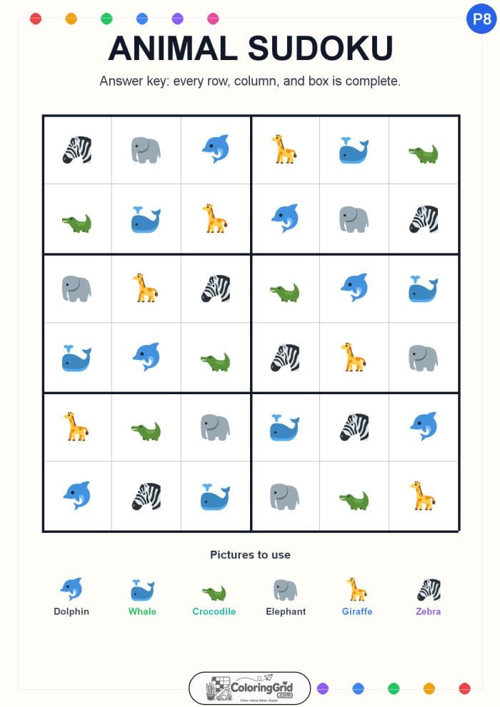 Animal Sudoku 6x6 Puzzle 008 - ANSWER