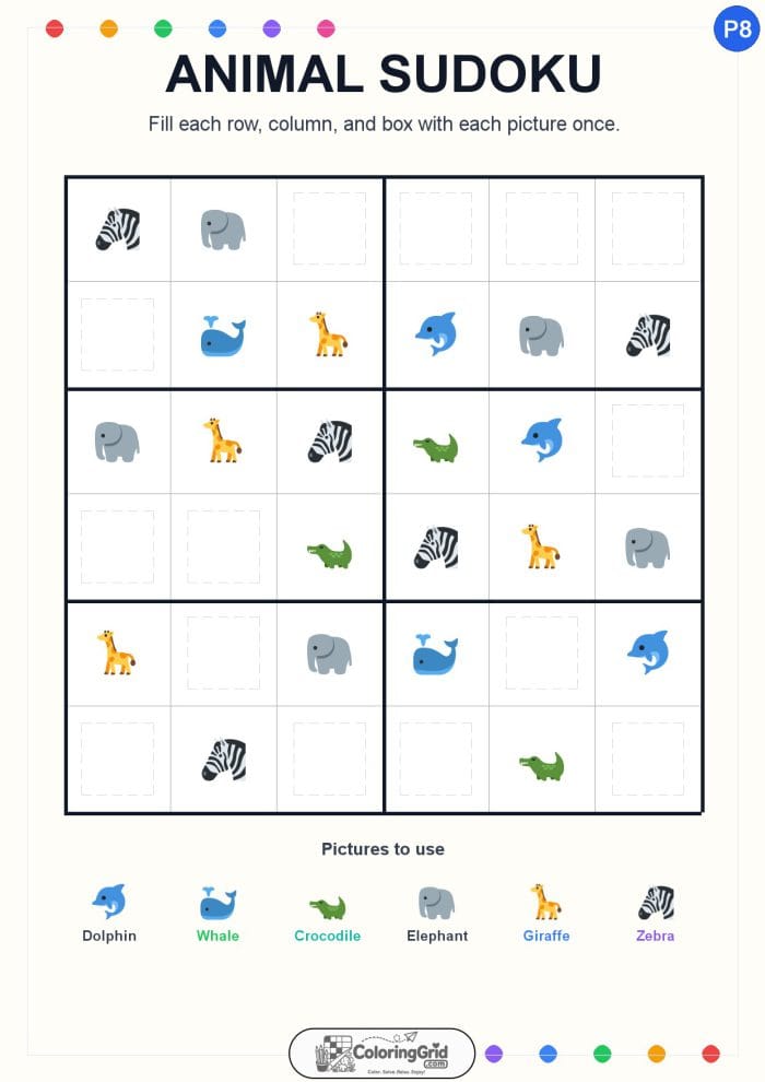 Animal Sudoku 6x6 Puzzle 008