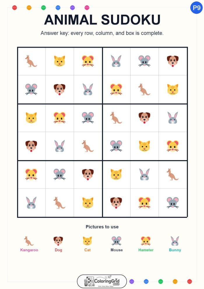 Animal Sudoku 6x6 Puzzle 009 - ANSWER