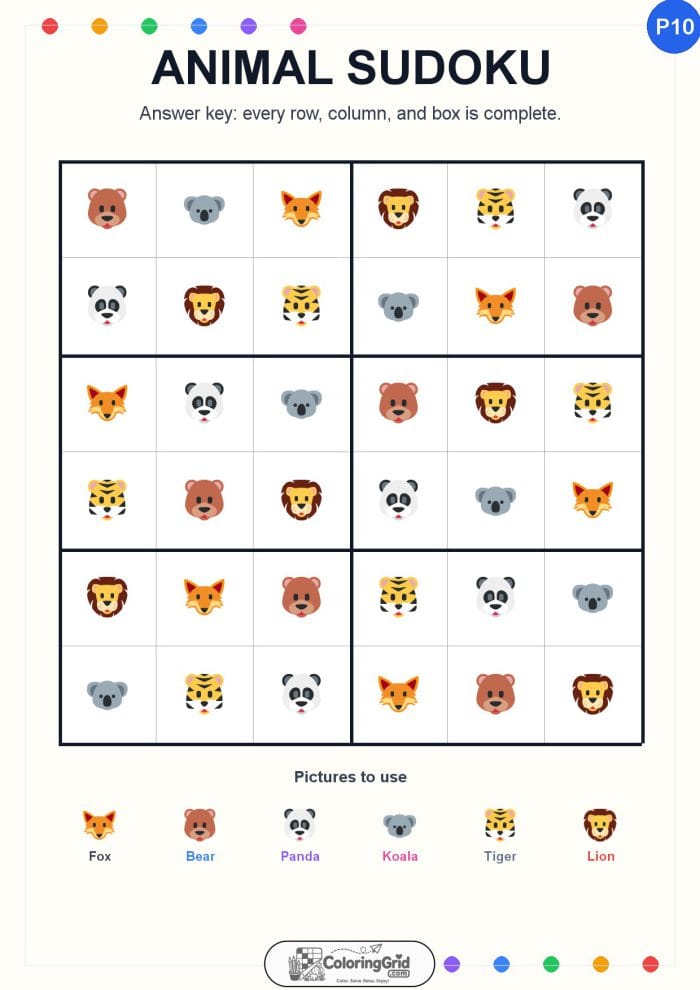 Animal Sudoku 6x6 Puzzle 010 - ANSWER