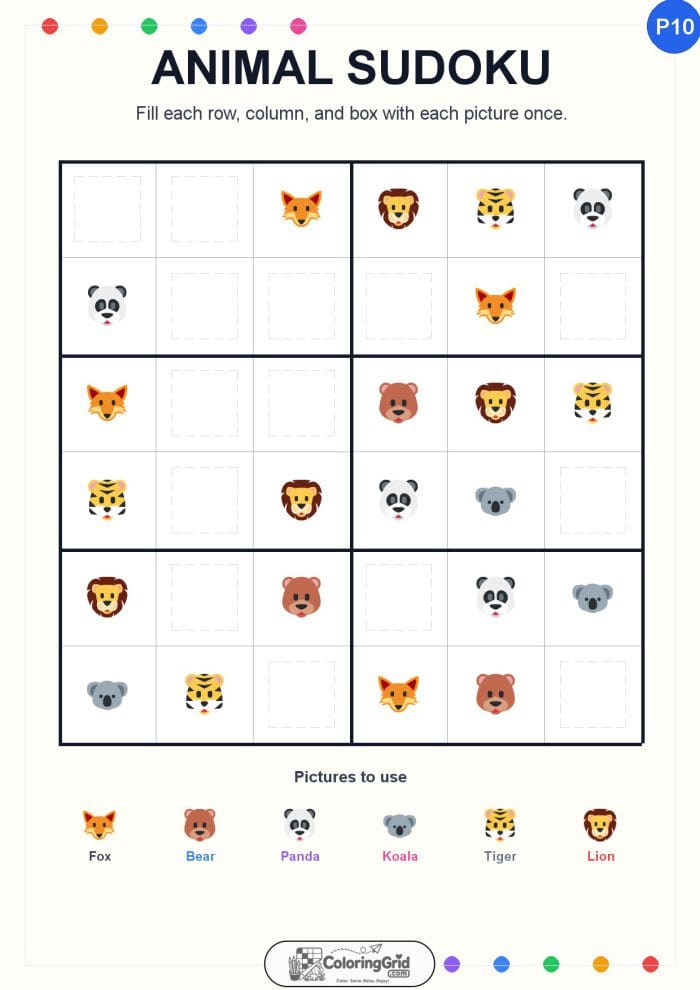 Animal Sudoku 6x6 Puzzle 010