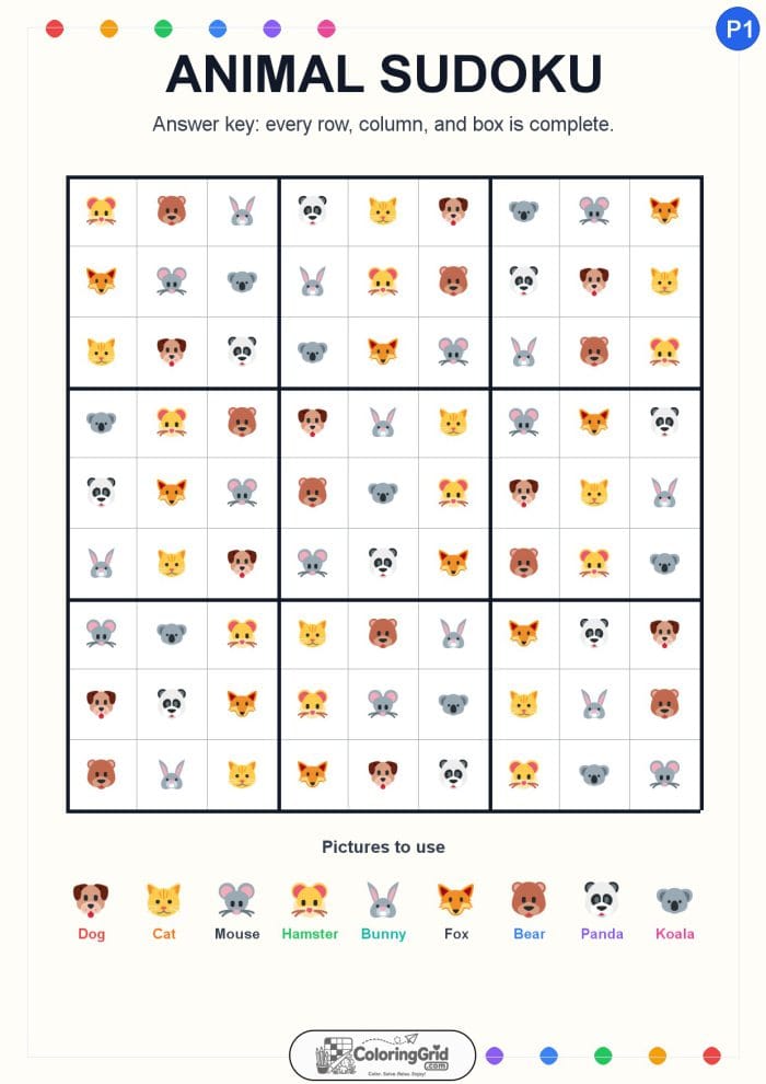 Animal Sudoku 9x9 Puzzle 001 - ANSWER
