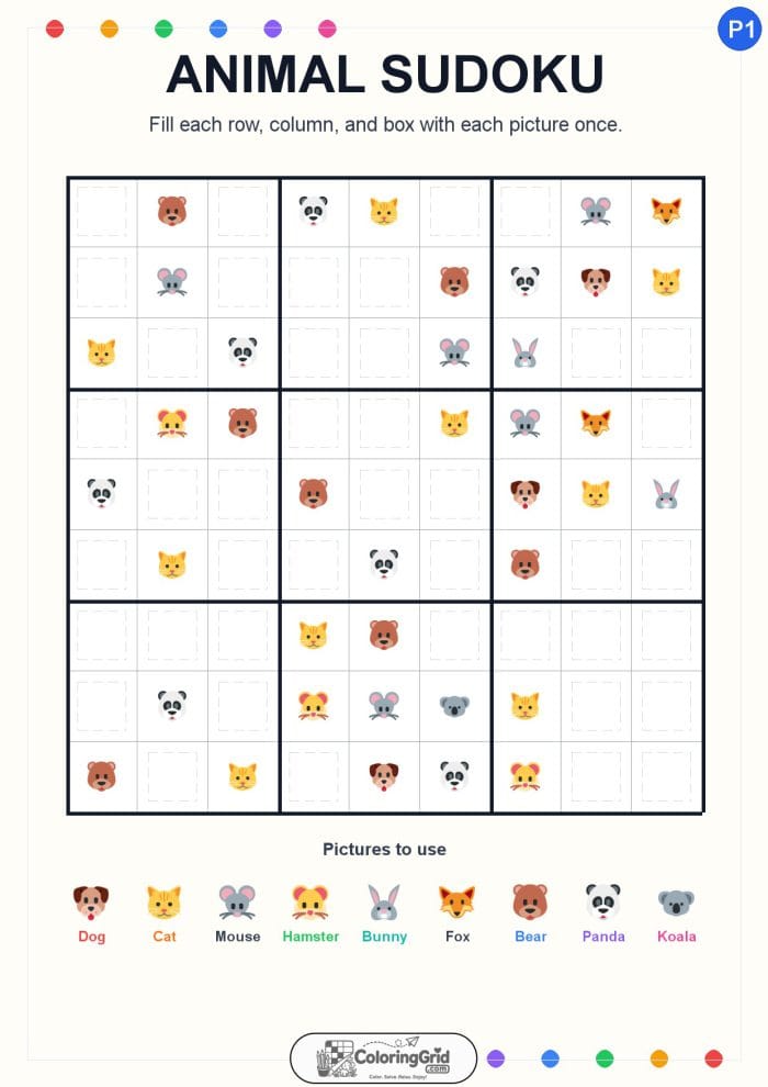 Animal Sudoku 9x9 Puzzle 001