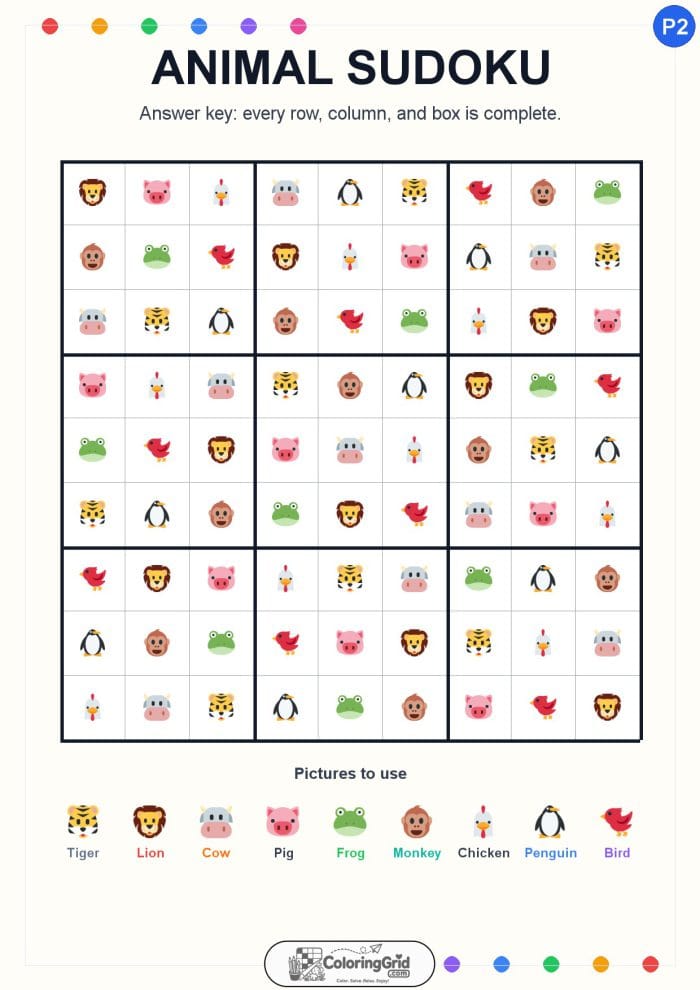 Animal Sudoku 9x9 Puzzle 002 - ANSWER