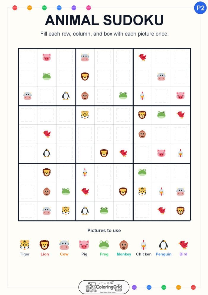 Animal Sudoku 9x9 Puzzle 002