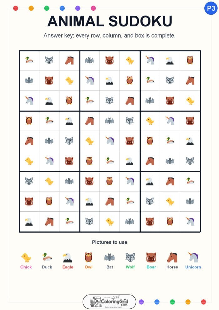 Animal Sudoku 9x9 Puzzle 003 - ANSWER