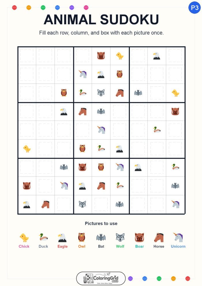 Animal Sudoku 9x9 Puzzle 003
