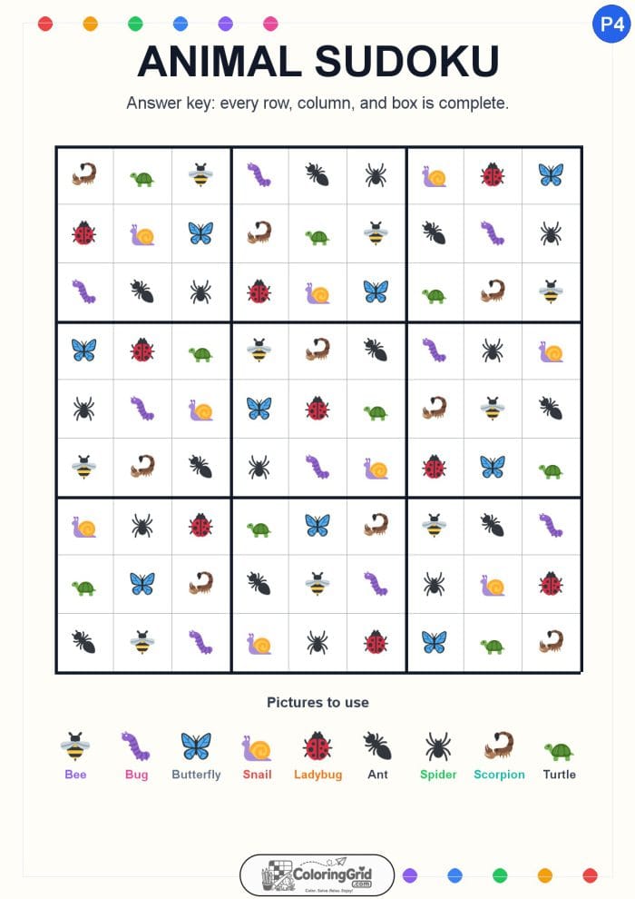 Animal Sudoku 9x9 Puzzle 004 - ANSWER