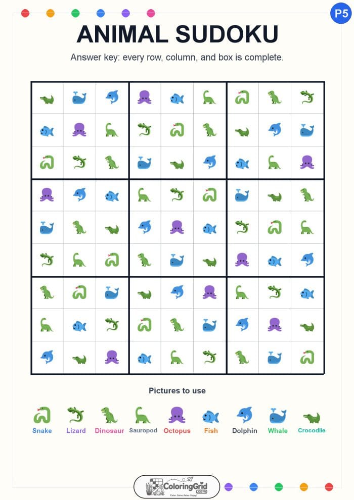 Animal Sudoku 9x9 Puzzle 005 - ANSWER