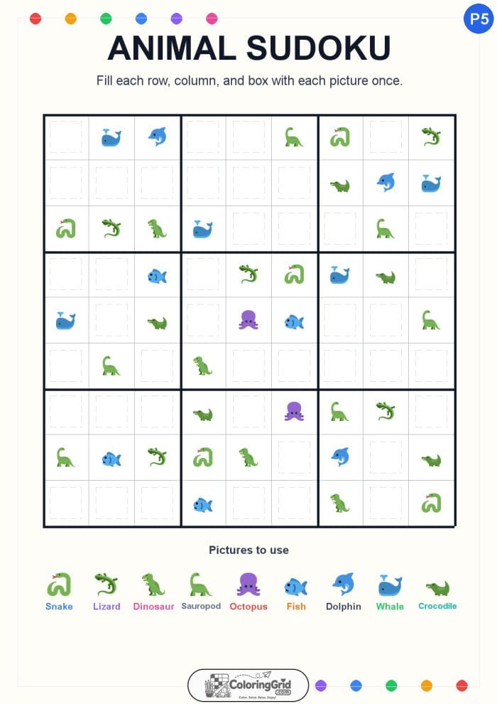 Animal Sudoku 9x9 Puzzle 005