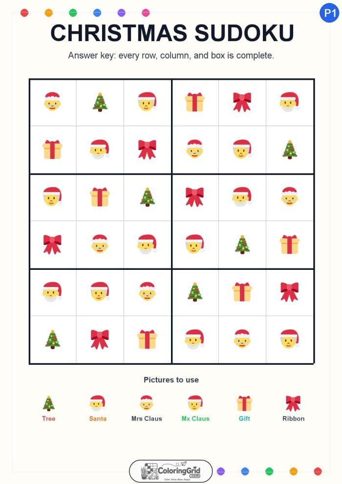 Christmas Sudoku 6x6 Puzzle 001 - ANSWER