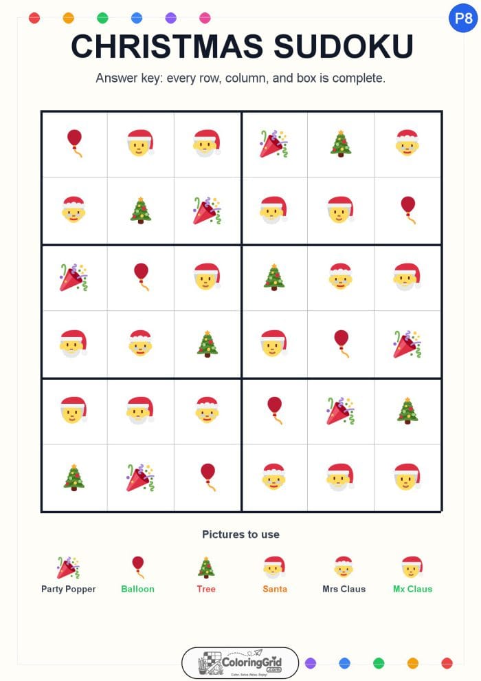 Christmas Sudoku 6x6 Puzzle 008 - ANSWER