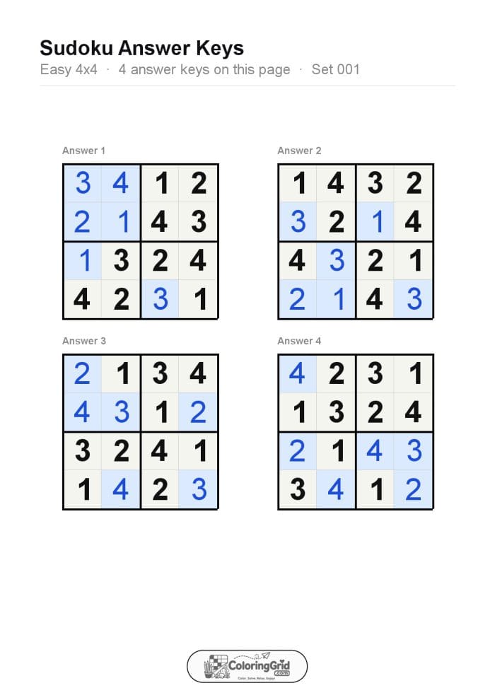 Sudoku EASY 4x4 Puzzle 001 (4 puzzles) - ANSWER