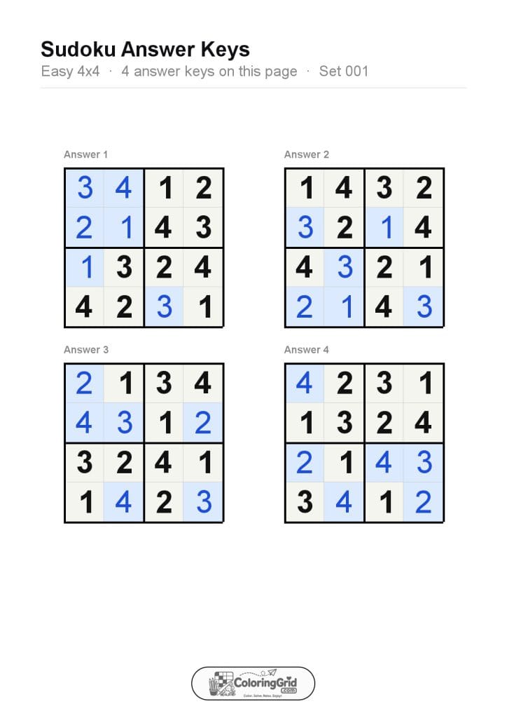 Sudoku EASY 4x4 Puzzle 001 (4 puzzles) - ANSWER