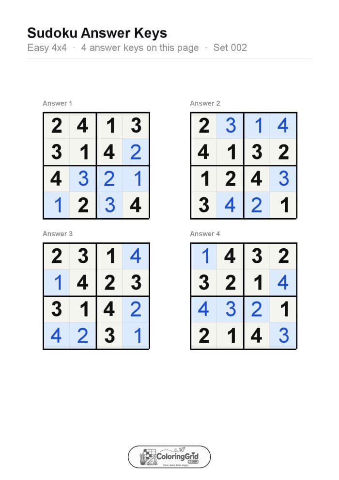 Sudoku EASY 4x4 Puzzle 002 (4 puzzles) - ANSWER