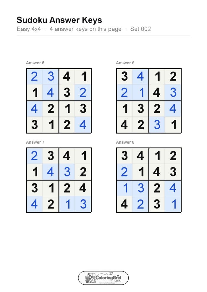 Sudoku EASY 4x4 Puzzle 002 (4 puzzles) - ANSWER