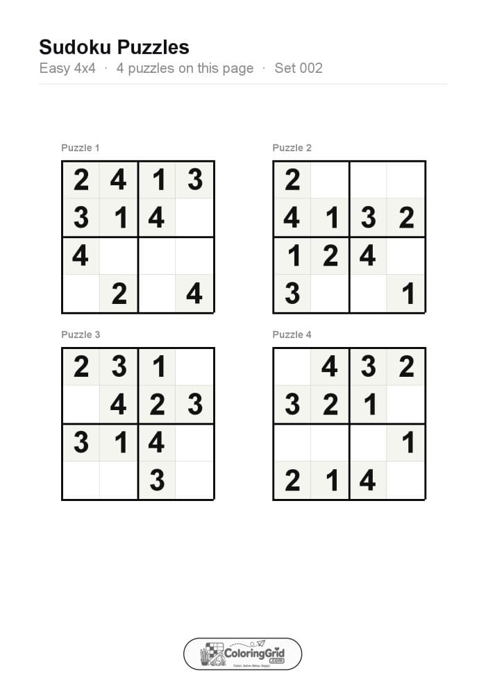 Sudoku EASY 4x4 Puzzle 002 (4 puzzles)
