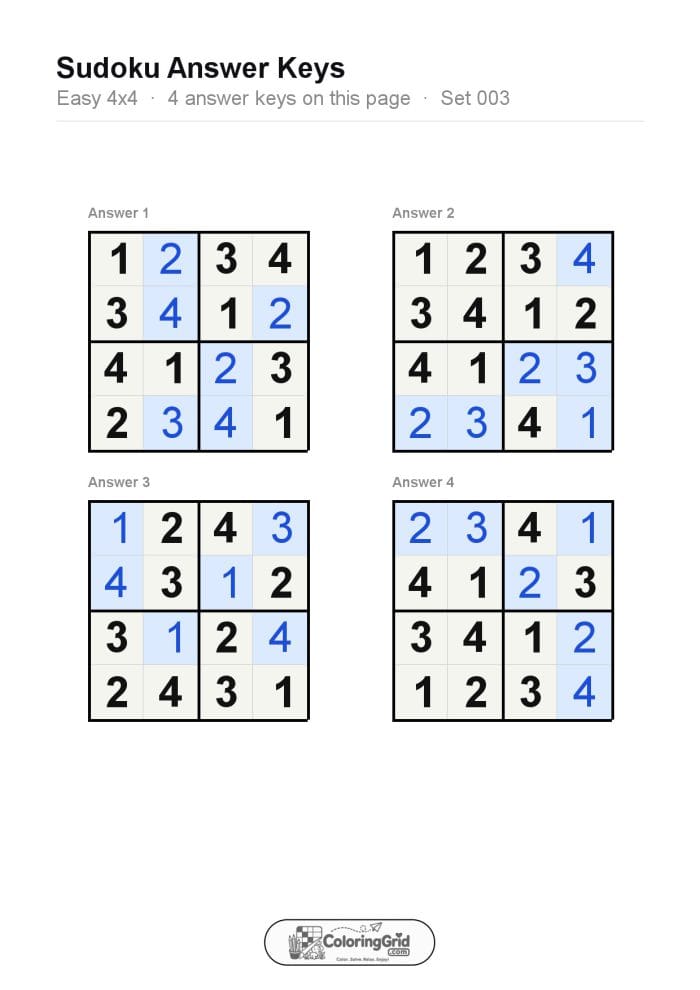 Sudoku EASY 4x4 Puzzle 003 (4 puzzles) - ANSWER