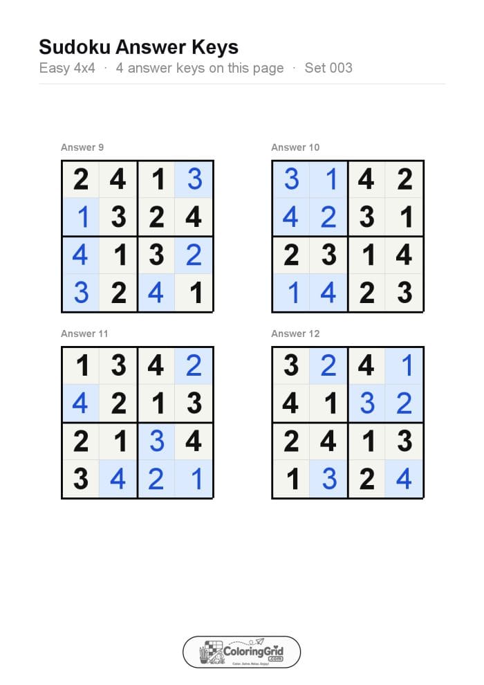 Sudoku EASY 4x4 Puzzle 003 (4 puzzles) - ANSWER