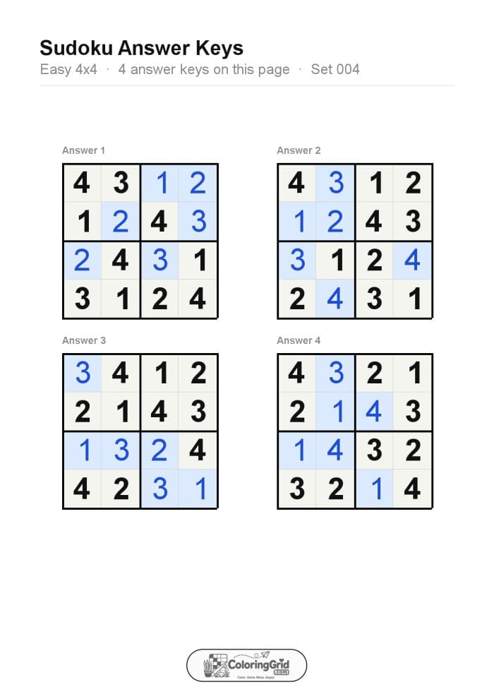 Sudoku EASY 4x4 Puzzle 004 (4 puzzles) - ANSWER