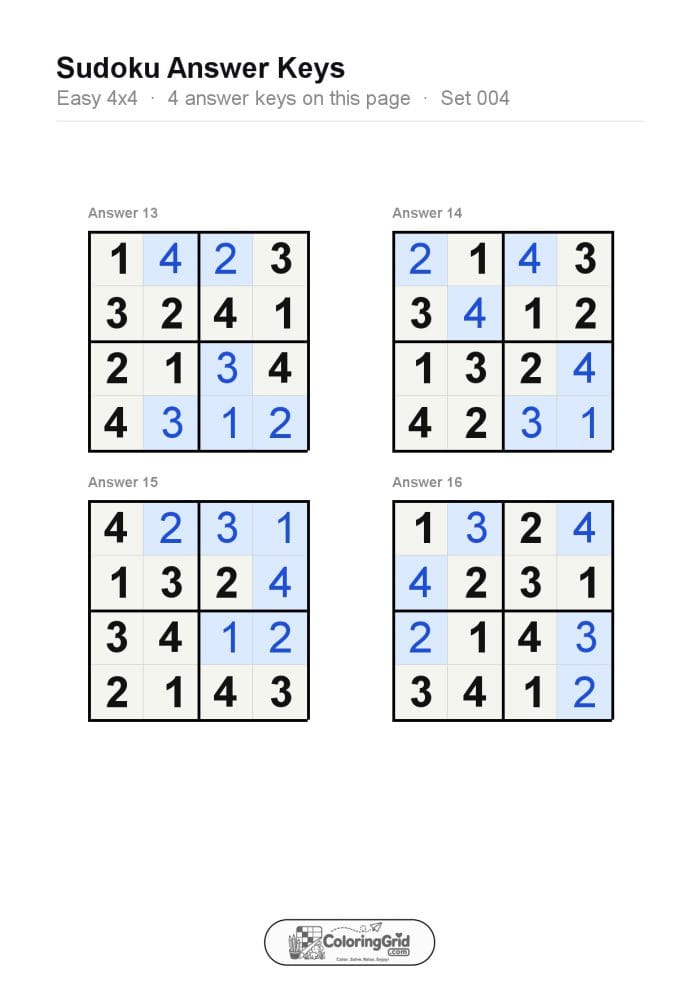 Sudoku EASY 4x4 Puzzle 004 (4 puzzles) - ANSWER