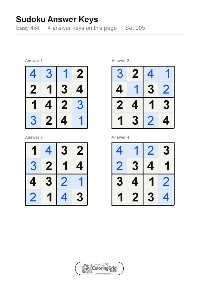 Sudoku EASY 4x4 Puzzle 005 (4 puzzles) - ANSWER