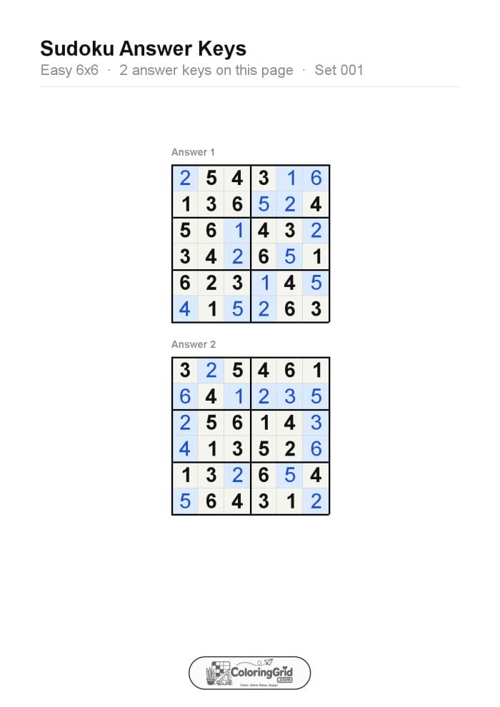 Sudoku EASY 6x6 Puzzle 001 (2 puzzles) - ANSWER