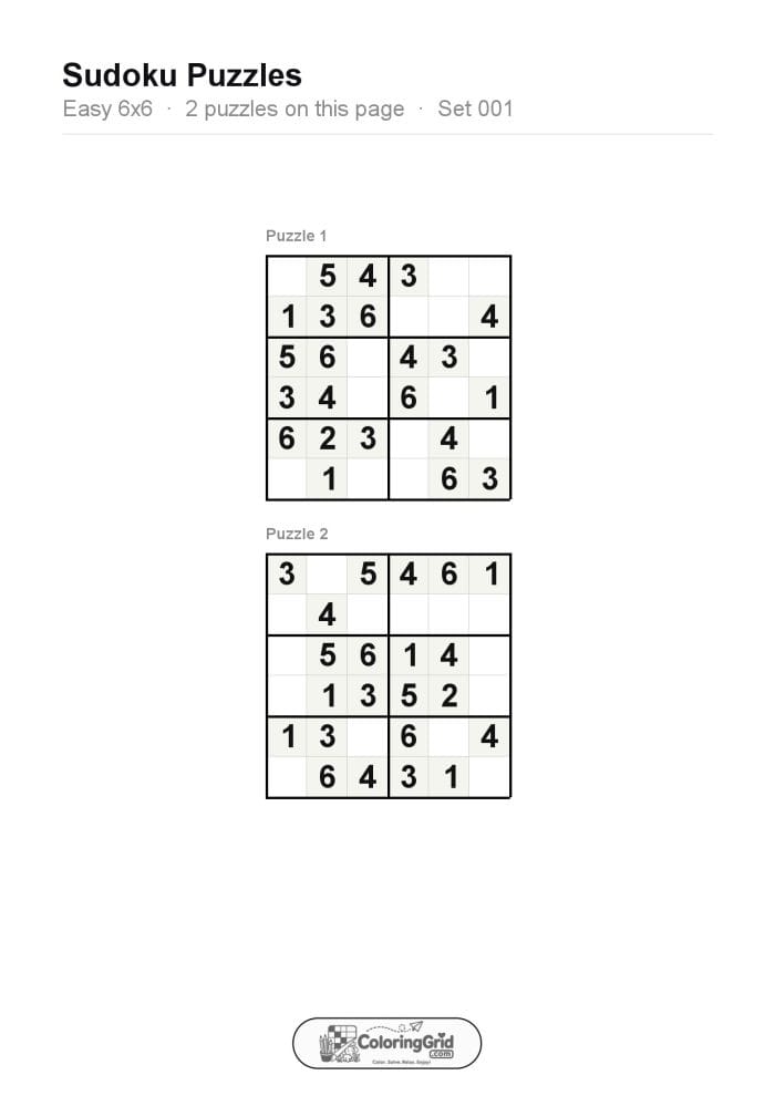 Sudoku EASY 6x6 Puzzle 001 (2 puzzles)