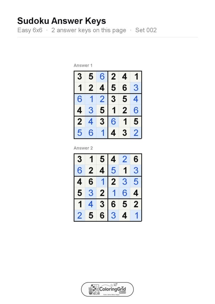 Sudoku EASY 6x6 Puzzle 002 (2 puzzles) - ANSWER