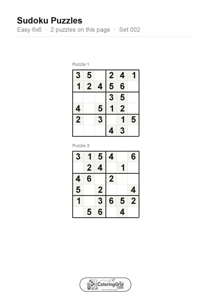 Sudoku EASY 6x6 Puzzle 002 (2 puzzles)