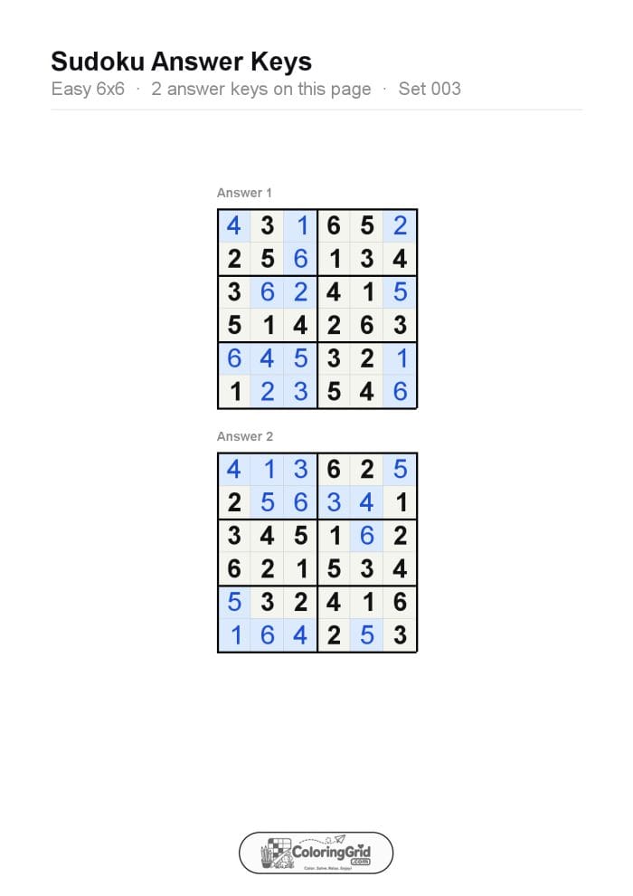 Sudoku EASY 6x6 Puzzle 003 (2 puzzles) - ANSWER
