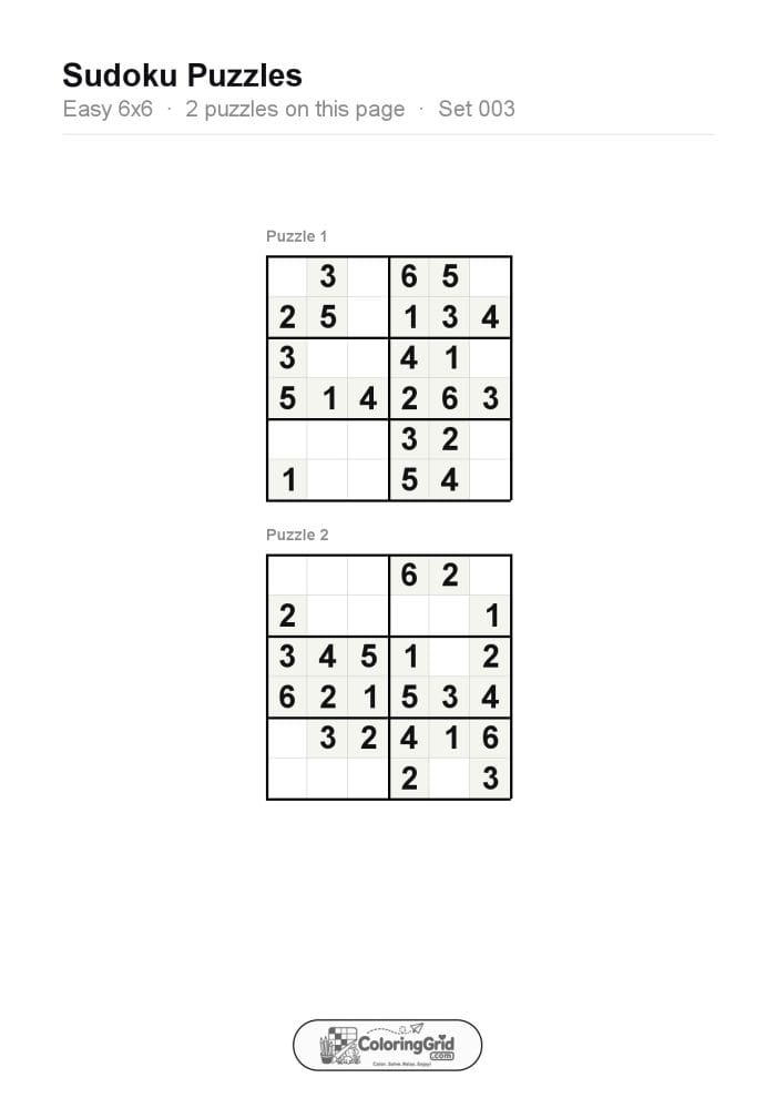 Sudoku EASY 6x6 Puzzle 003 (2 puzzles)