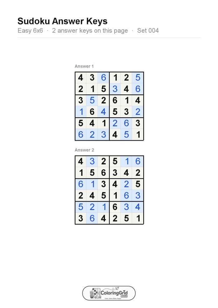 Sudoku EASY 6x6 Puzzle 004 (2 puzzles) - ANSWER