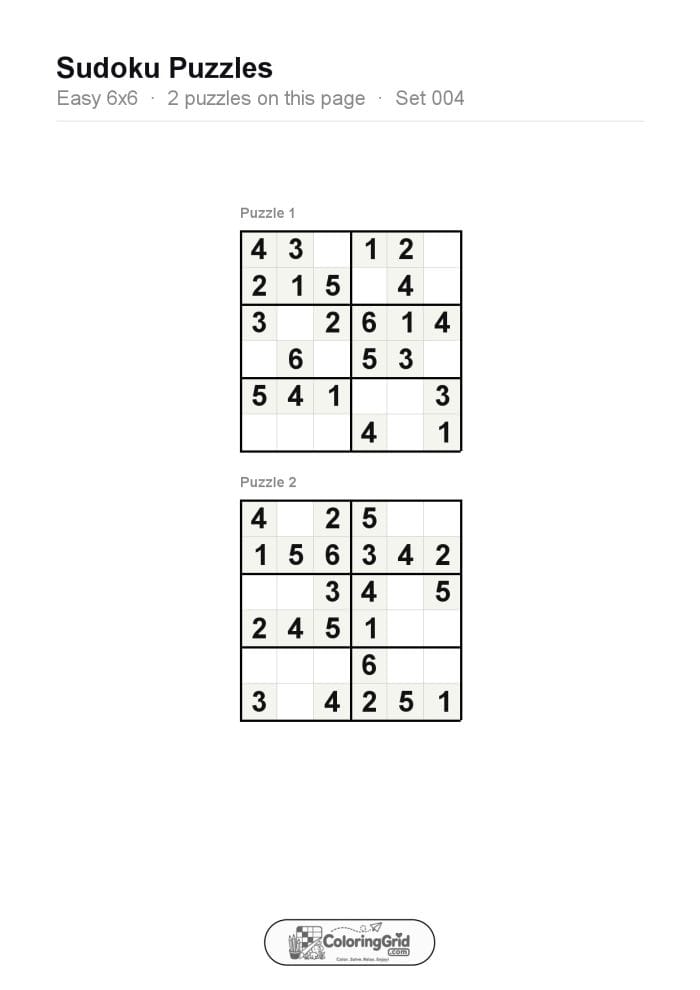Sudoku EASY 6x6 Puzzle 004 (2 puzzles)