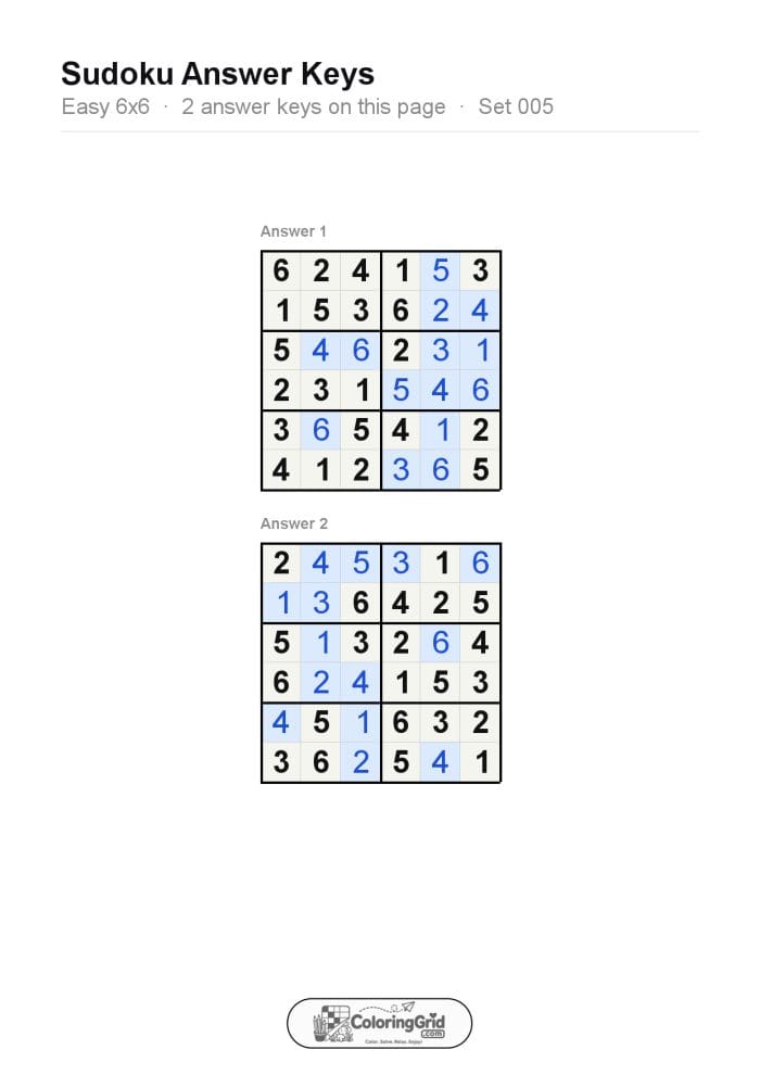 Sudoku EASY 6x6 Puzzle 005 (2 puzzles) - ANSWER