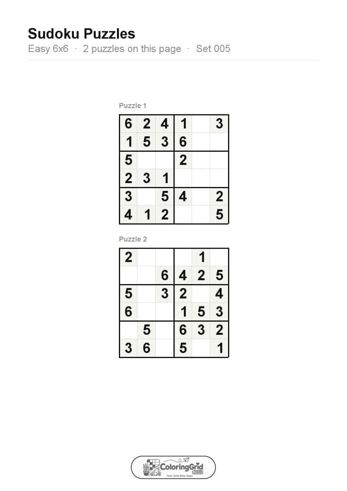 Sudoku EASY 6x6 Puzzle 005 (2 puzzles)
