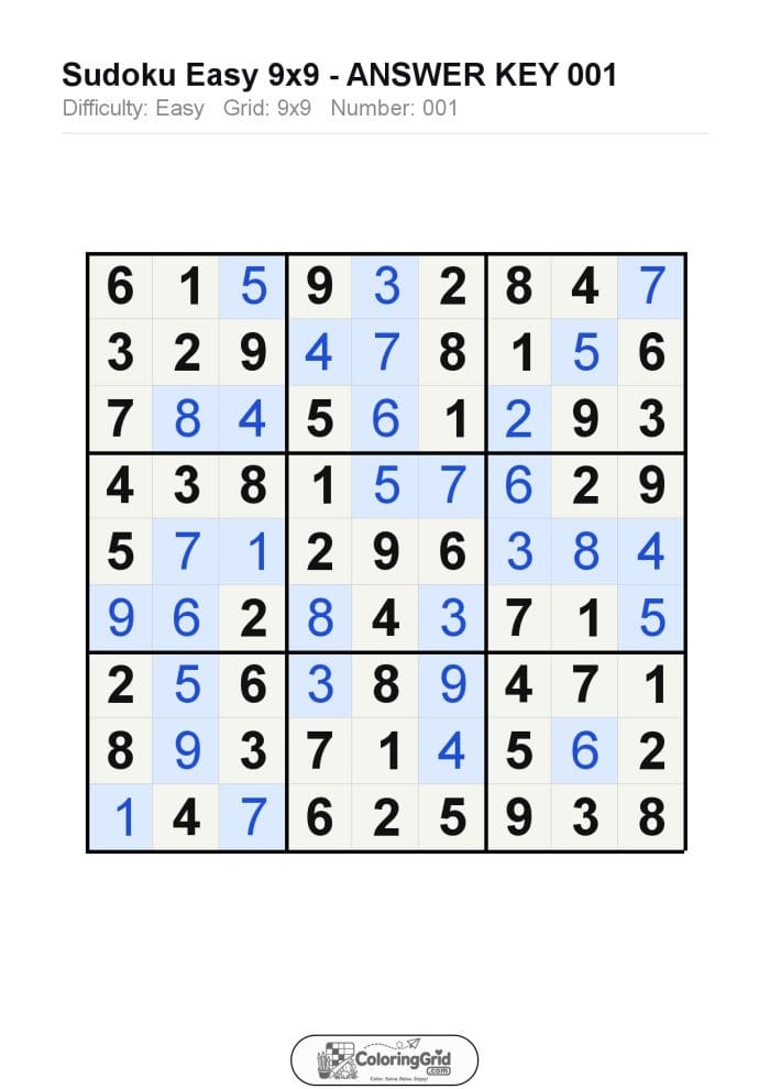Sudoku EASY 9x9 Puzzle 001 - ANSWER