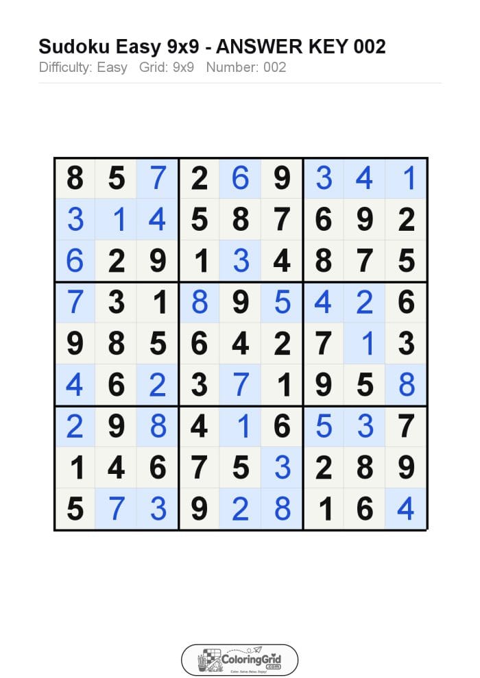 Sudoku EASY 9x9 Puzzle 002 - ANSWER