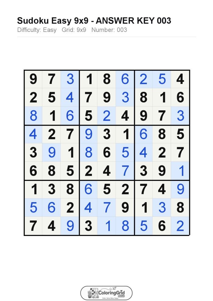 Sudoku EASY 9x9 Puzzle 003 - ANSWER