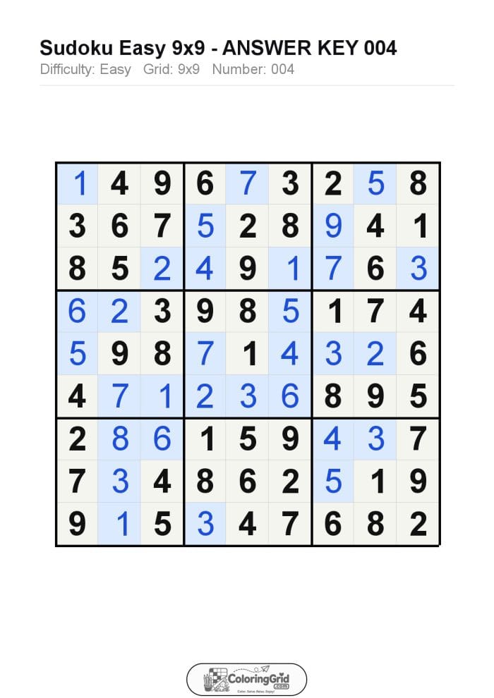 Sudoku EASY 9x9 Puzzle 004 - ANSWER