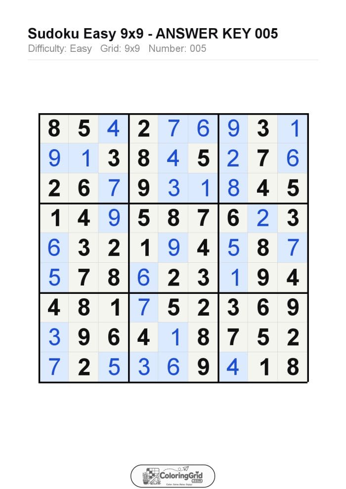 Sudoku EASY 9x9 Puzzle 005 - ANSWER