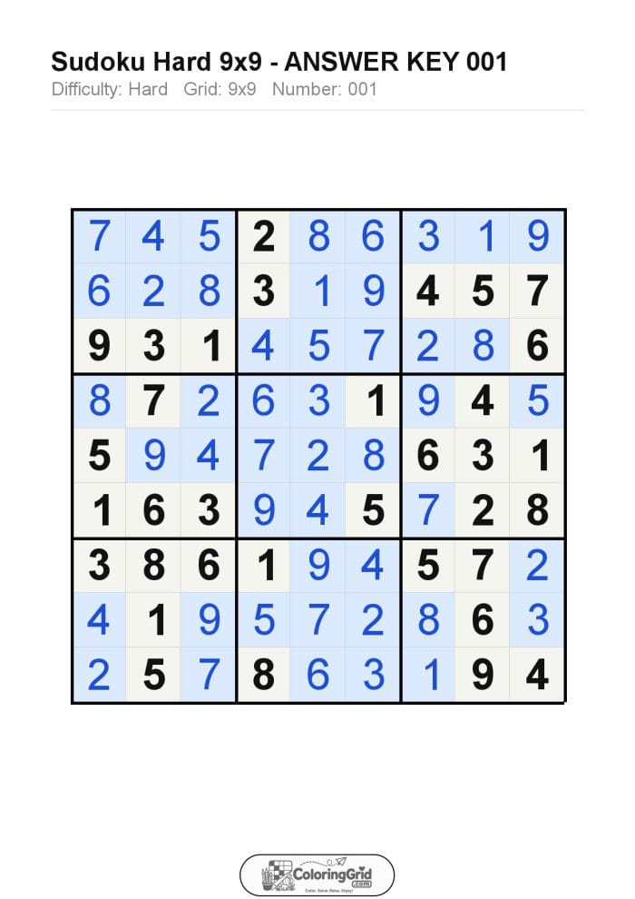 Sudoku HARD 9x9 Puzzle 001 - ANSWER