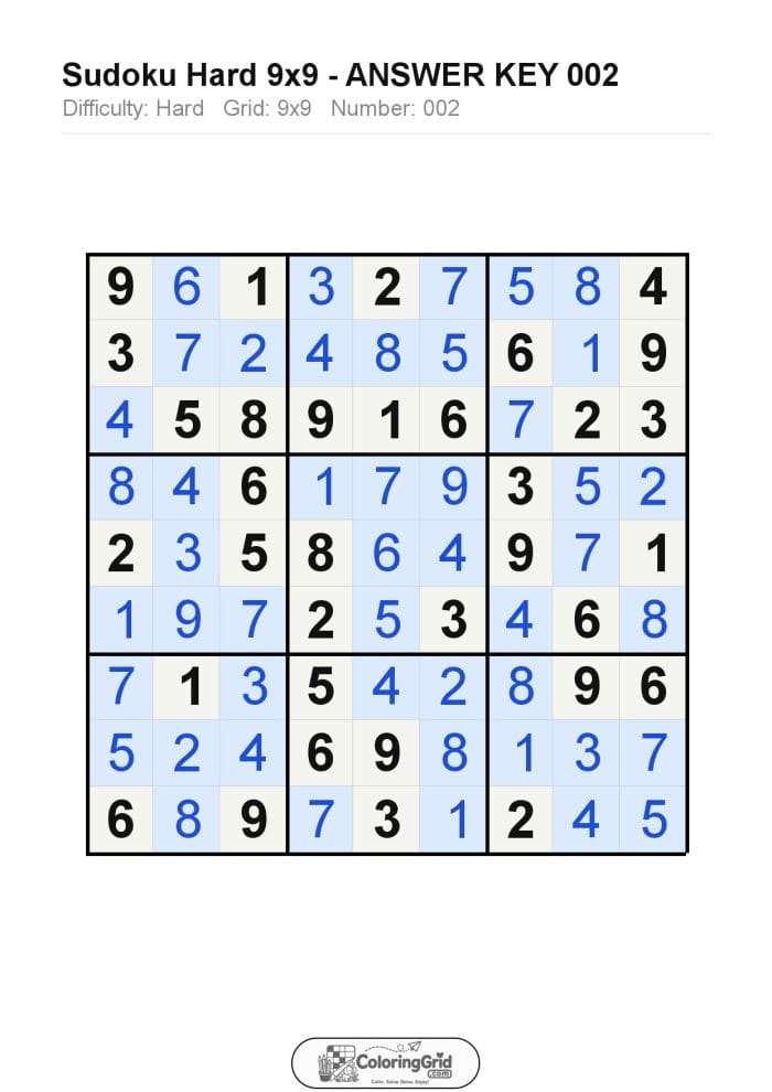 Sudoku HARD 9x9 Puzzle 002 - ANSWER